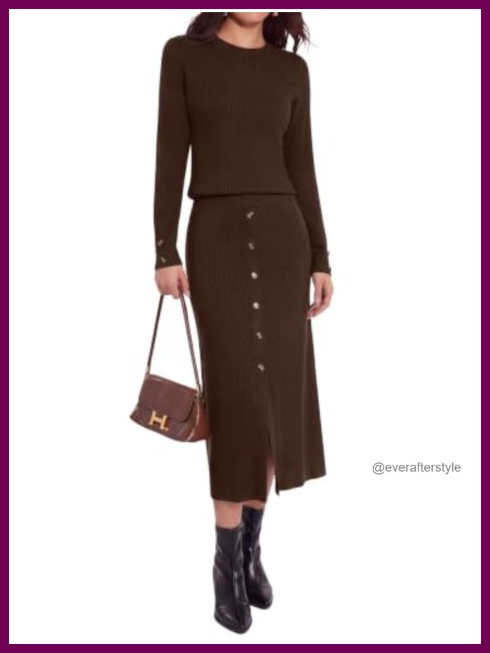 Knit Two Piece Skirt Set Crew Neck Long Sleeve Midi Sweater Matching Outfit